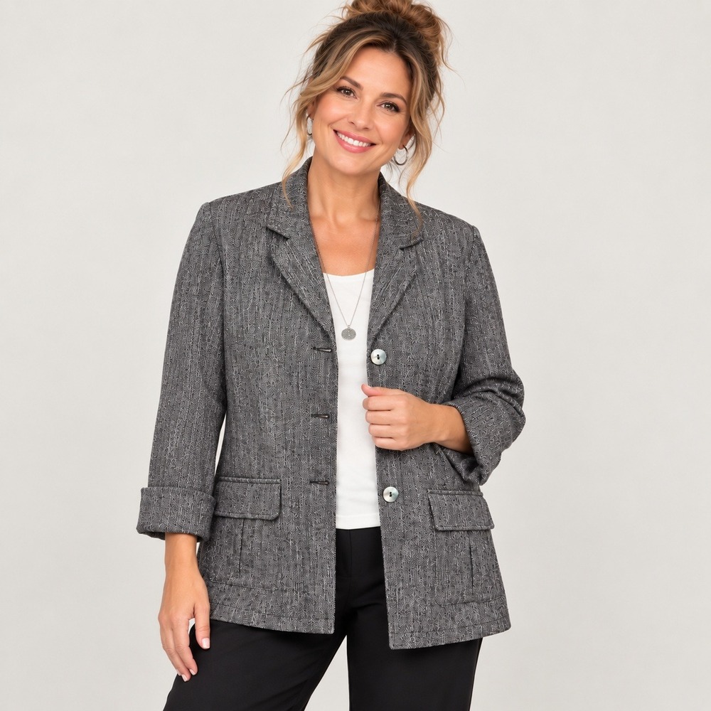 J. Jill Women's Large Longline Blazer Jacket Gray Herringbone Stretch Lagenlook